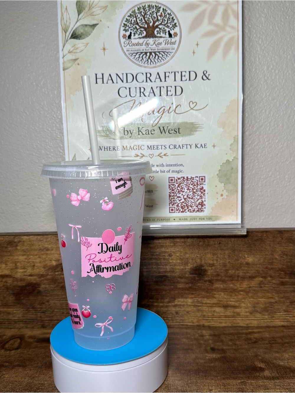 24oz Daily Positive Affirmations Frosted Clear Cold Cup | Pink Bow Tumbler